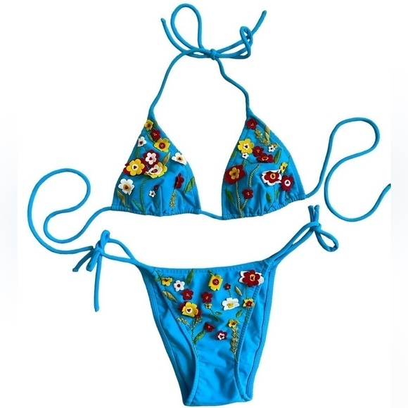 Vintage Turquoise Blue String Bikini Floral Appliqués Women’s Small Top Bottom - Picture 1 of 13